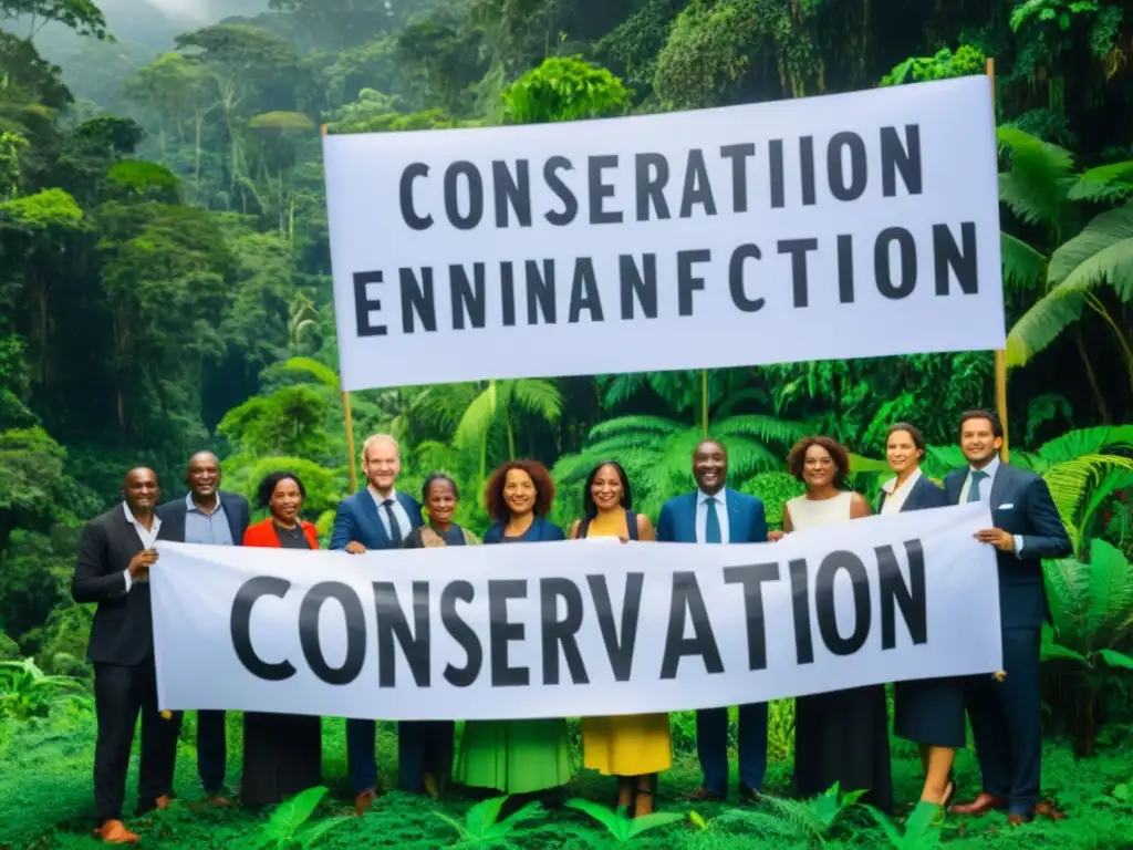 Un grupo de abogados y activistas ambientales en un bosque lluvioso exuberante, sosteniendo pancartas con mensajes de conservación y protección