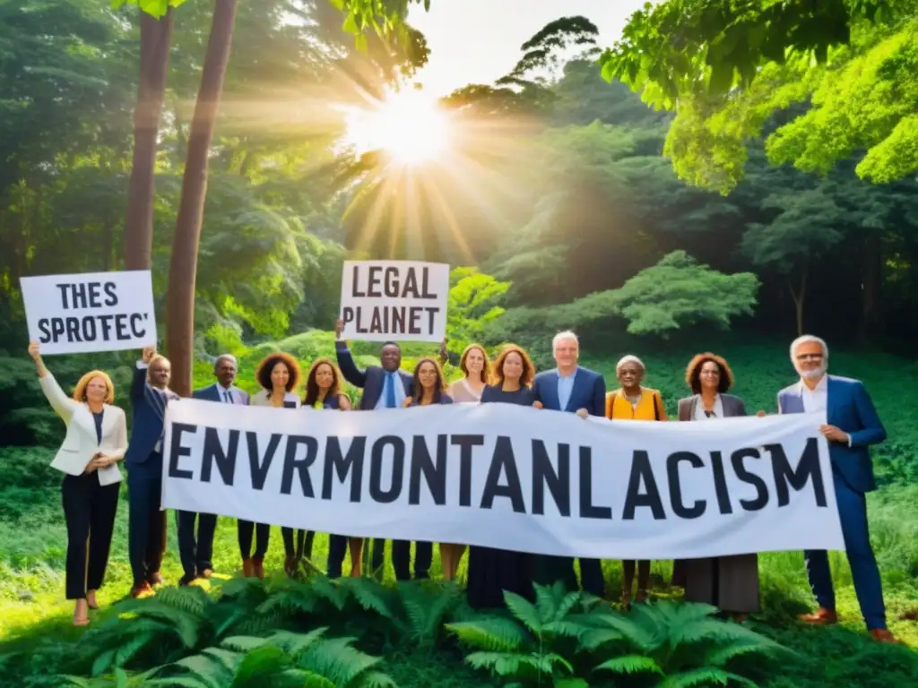 Un grupo de abogados y activistas ambientales se unen en un bosque exuberante, sosteniendo pancartas con consignas medioambientales