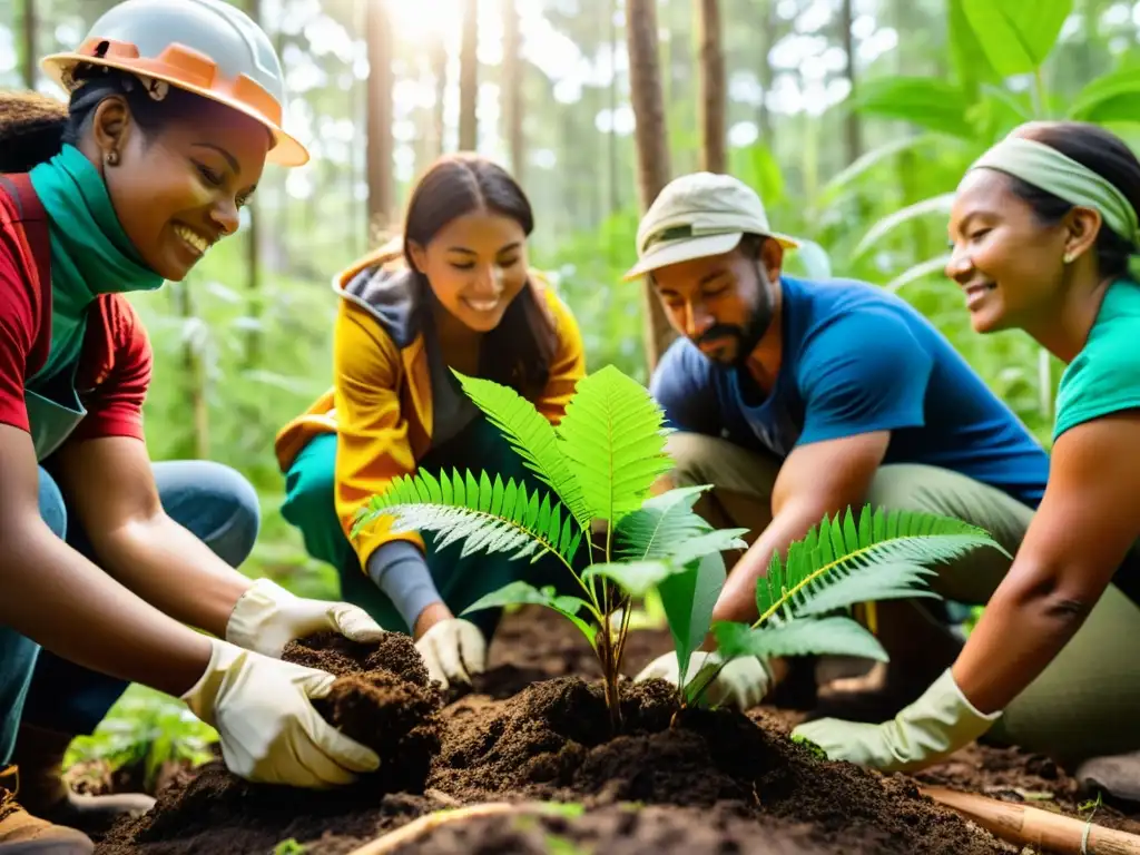 Un grupo de activistas ambientales plantando árboles en un bosque exuberante y vibrante