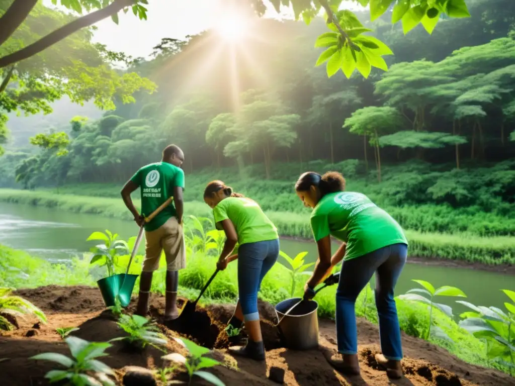 Un grupo de activistas ambientales planta árboles en un frondoso bosque