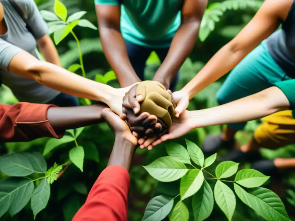 Un grupo de activistas ambientales se reúnen en un círculo, listos para plantar árboles en un bosque exuberante