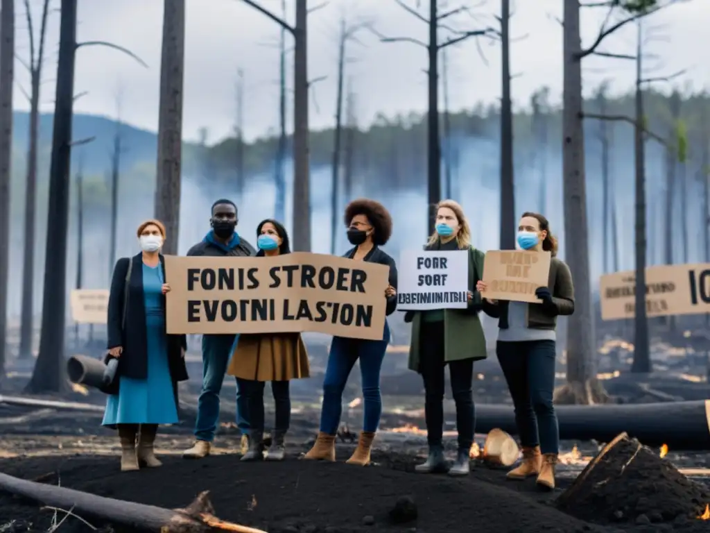 Grupo de activistas ambientales frente a una zona deforestada, abogando por legislación ambiental