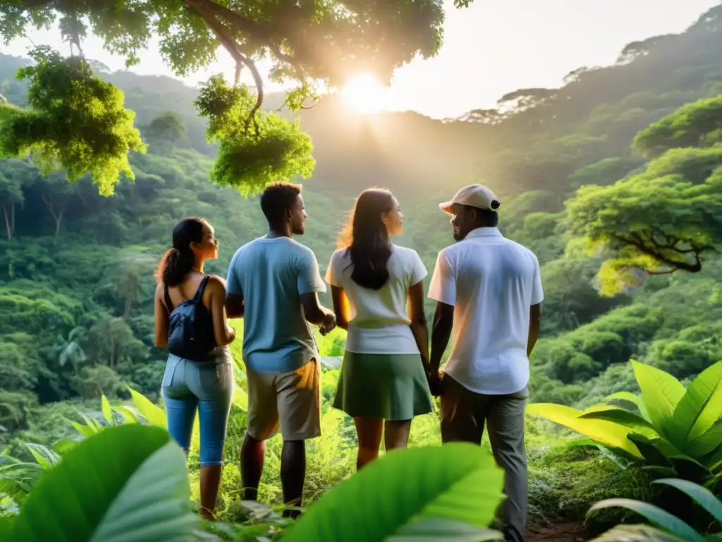 Grupo de activistas ambientales de diversas ONGs unidos en un bosque verde, planeando colaboraciones para proteger la naturaleza