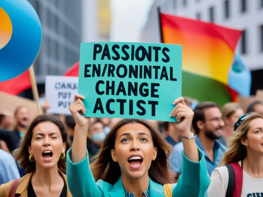 Un grupo de activistas ambientales participativos en una protesta por el cambio climático en una ciudad bulliciosa