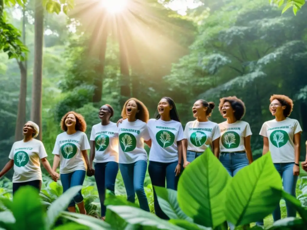 Un grupo de activistas apasionados cantando en un claro del bosque, unidos en su compromiso por proteger la naturaleza