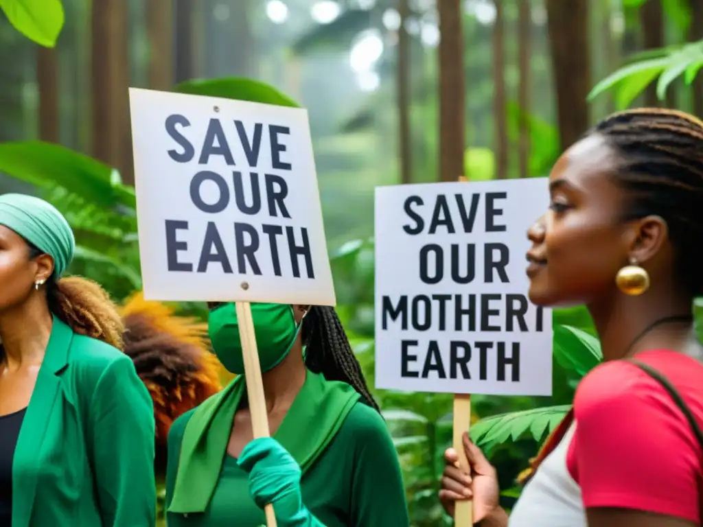 Grupo de activistas apasionados sosteniendo pancartas en un bosque vibrante