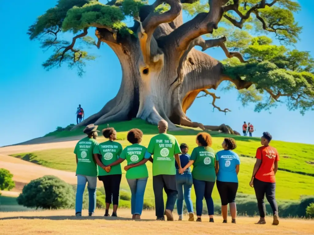 Un grupo de activistas rodea un árbol antiguo con camisetas coloridas y mensajes ambientales