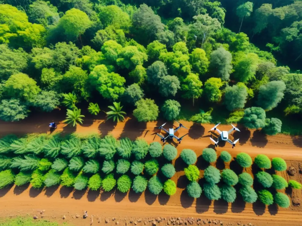 Un grupo de activistas plantando árboles en un área deforestada, utilizando drones avanzados para seleccionar ubicaciones ideales