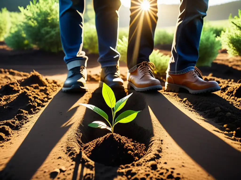 Un grupo de activistas planta árboles en un área deforestada, con el sol brillando a través de las ramas