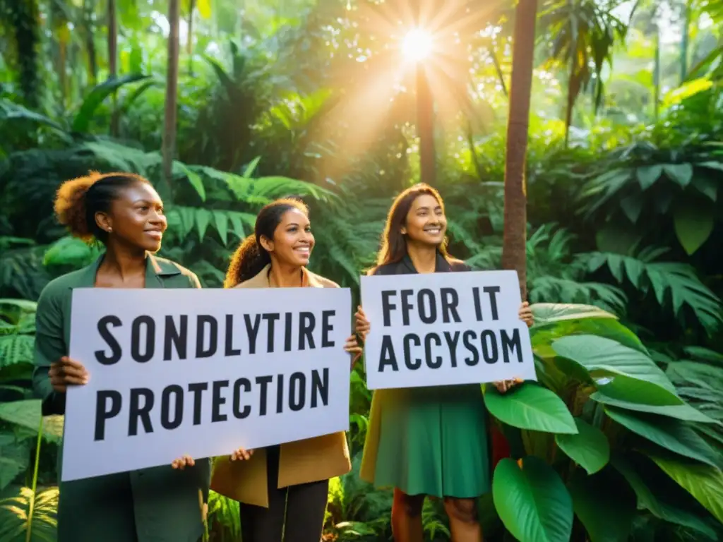 Grupo de activistas en el bosque abogando por la protección del ecosistema, mostrando resistencia en la defensa de los ecosistemas