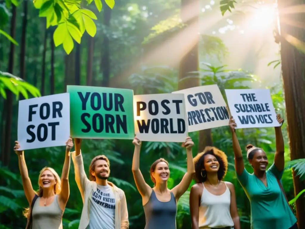 Grupo de activistas sosteniendo carteles en un bosque exuberante