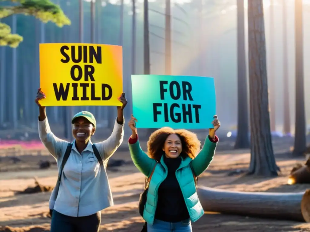 Un grupo de activistas sostienen carteles coloridos con mensajes ambientales frente a una zona deforestada