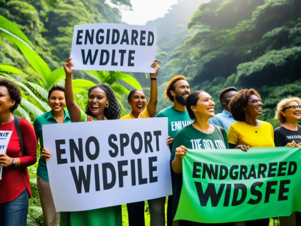 Grupo de activistas defensores de la fauna en la naturaleza exuberante, sosteniendo pancartas con consignas poderosas