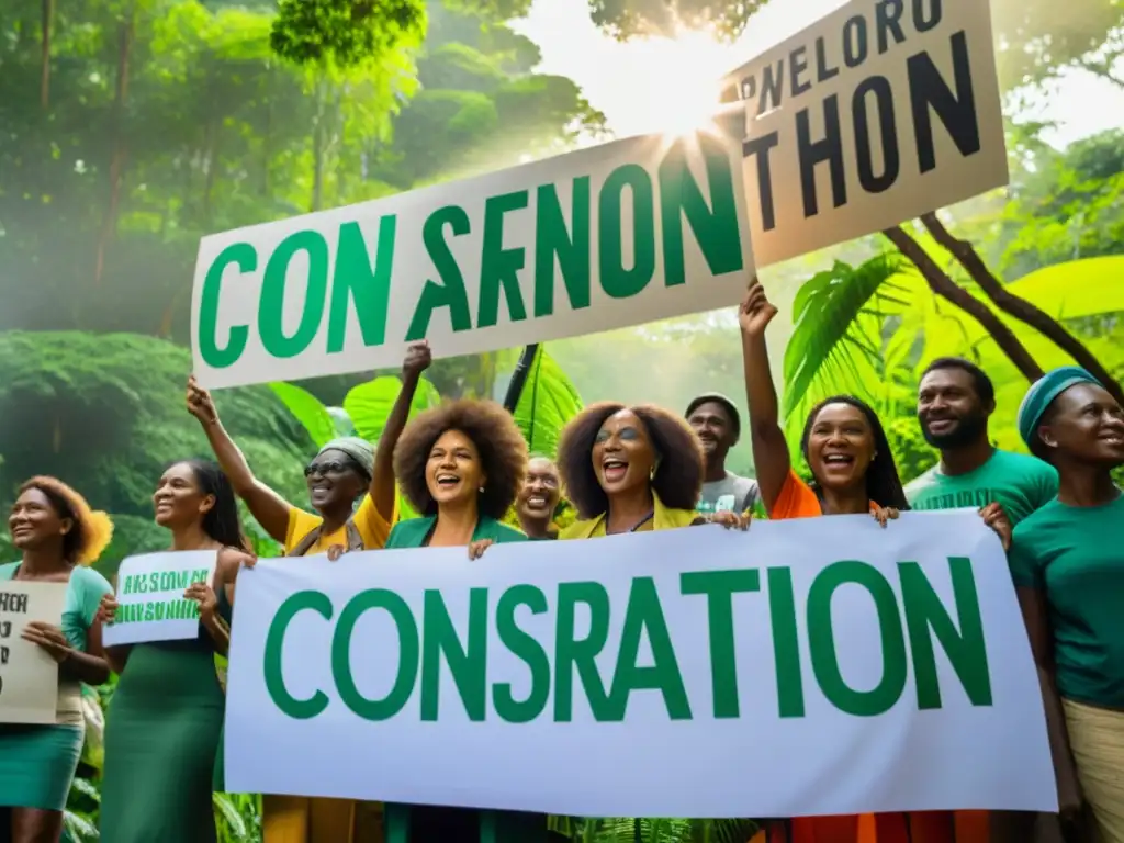 Grupo de activistas frente a un bosque, levantando pancartas por la importancia del activismo en conservación