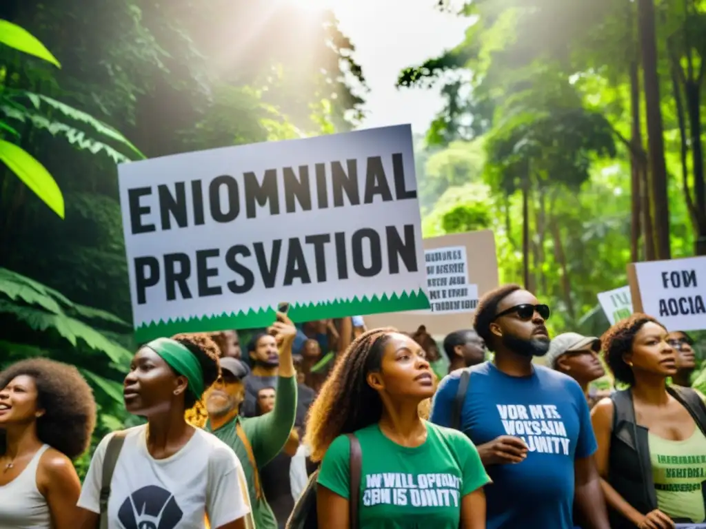 Un grupo de activistas diversos sostiene pancartas con mensajes ambientales frente a un bosque exuberante