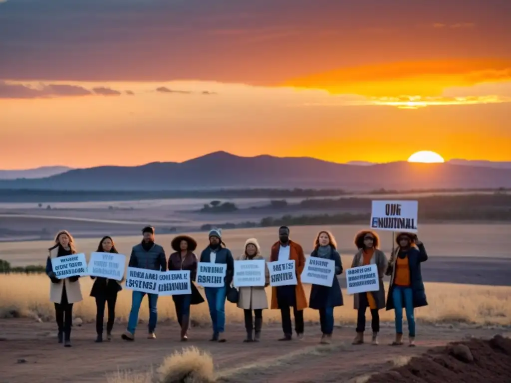 Un grupo de activistas protesta contra la deforestación al atardecer, transmitiendo pasión y determinación