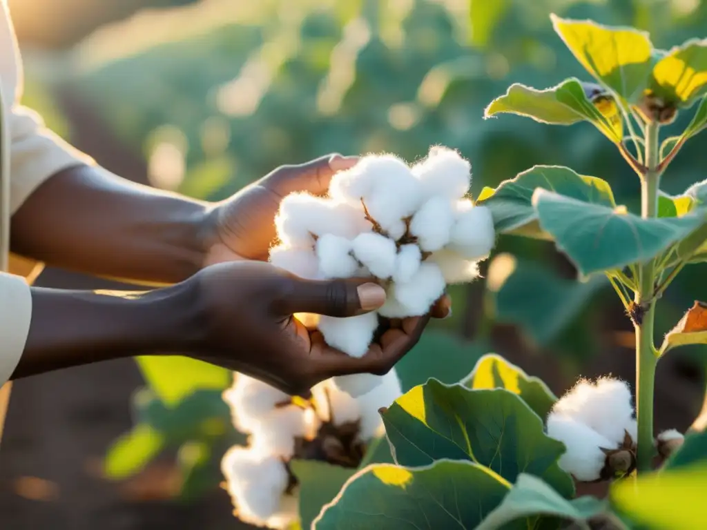 Grupo de agricultores recolectando algodón orgánico bajo el cálido sol