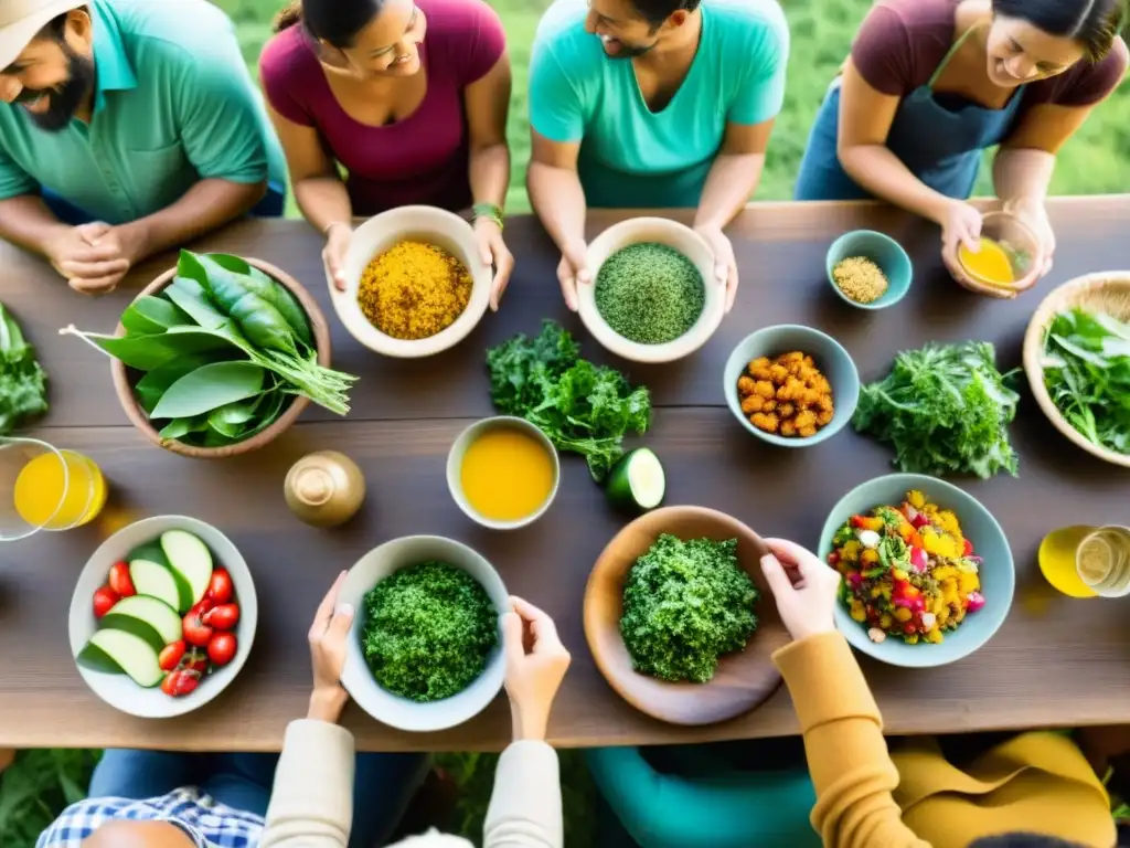 Un grupo de agricultores y artesanos locales comparten una comida de ingredientes orgánicos en una mesa larga de madera