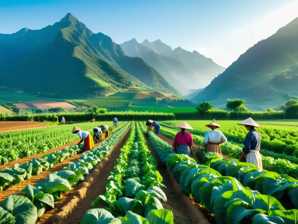 Grupo de agricultores trabajando en un campo exuberante, usando técnicas sostenibles