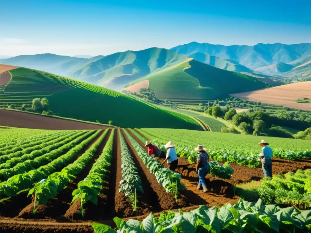 Un grupo de agricultores colaborando en un campo exuberante y soleado, resaltando el desarrollo sostenible y las cooperativas agrícolas