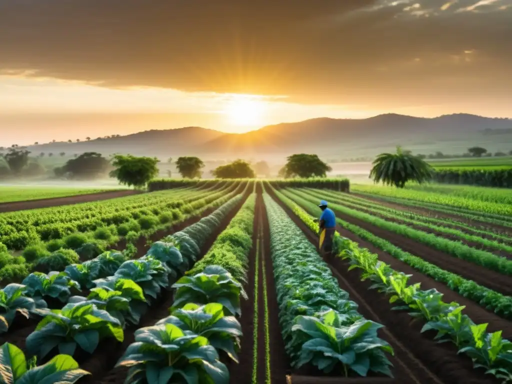 Grupo de agricultores trabajando en un campo verde, aplicando técnicas de agricultura adaptativa al cambio climático al atardecer