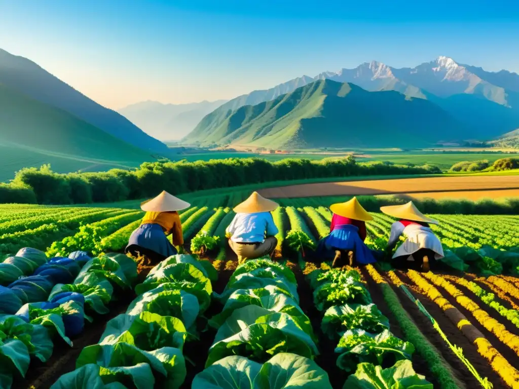 Grupo de agricultores cuidando campos de verduras bajo el sol