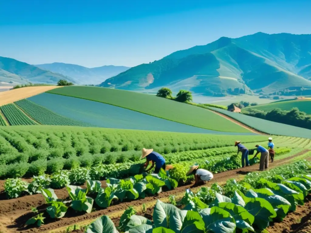 Un grupo de agricultores trabajando juntos en un campo agrícola exuberante y soleado, cuidando con esmero cultivos verdes