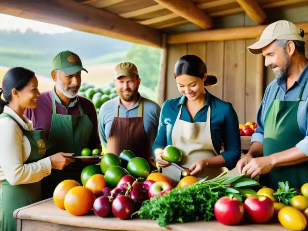 Un grupo de agricultores orgánicos certificando y inspeccionando una cosecha recién recolectada de frutas y verduras