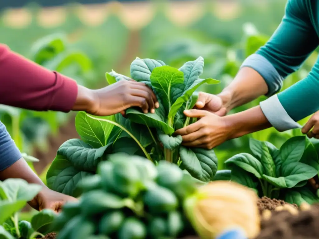 Grupo de agricultores orgánicos trabajando juntos en un campo exuberante, mostrando el impacto positivo de la agricultura orgánica en el cambio climático