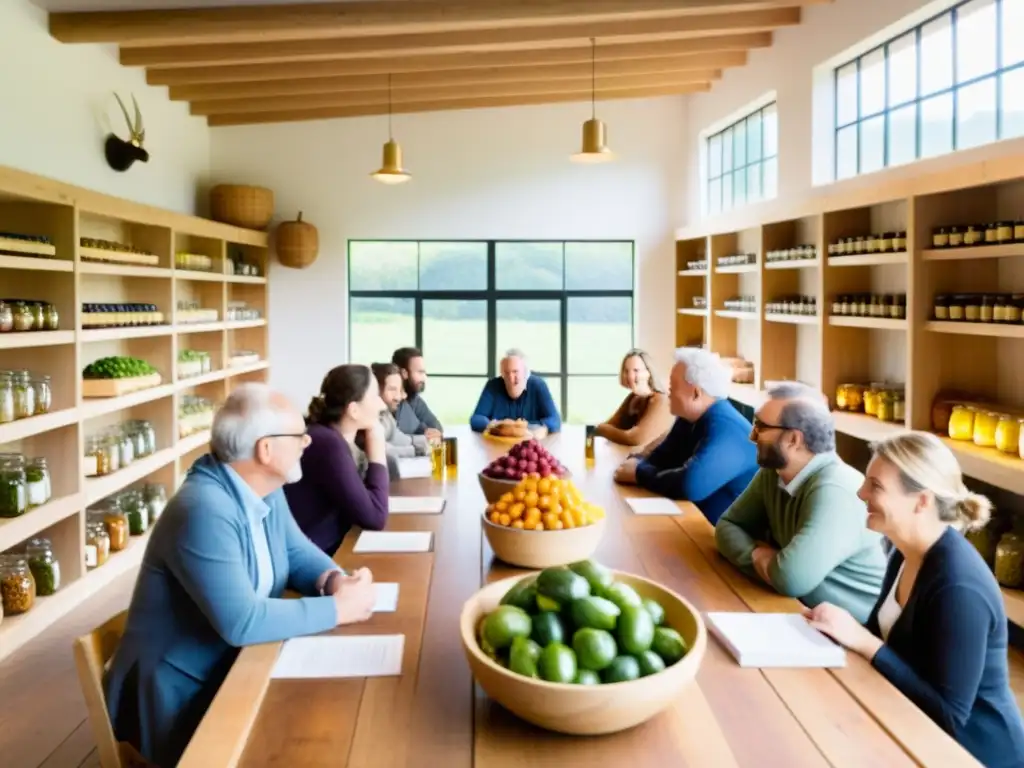 Grupo de agricultores y productores de alimentos se reúnen en una mesa de madera para discutir los beneficios del movimiento slow food, compartiendo experiencias y pasión por la alimentación sostenible