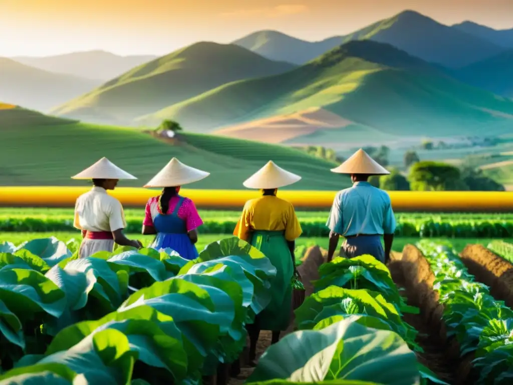 Un grupo de agricultores con sombreros y ropa tradicional en un campo verde exuberante