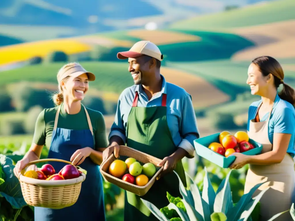 Grupo de agricultores sonrientes cosechando productos orgánicos en un campo verde, con certificaciones sostenibilidad industria alimentaria