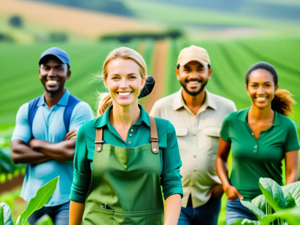 Un grupo de agricultores y trabajadores sonrientes en un campo verde, practicando agricultura sostenible con tecnologías ecoamigables