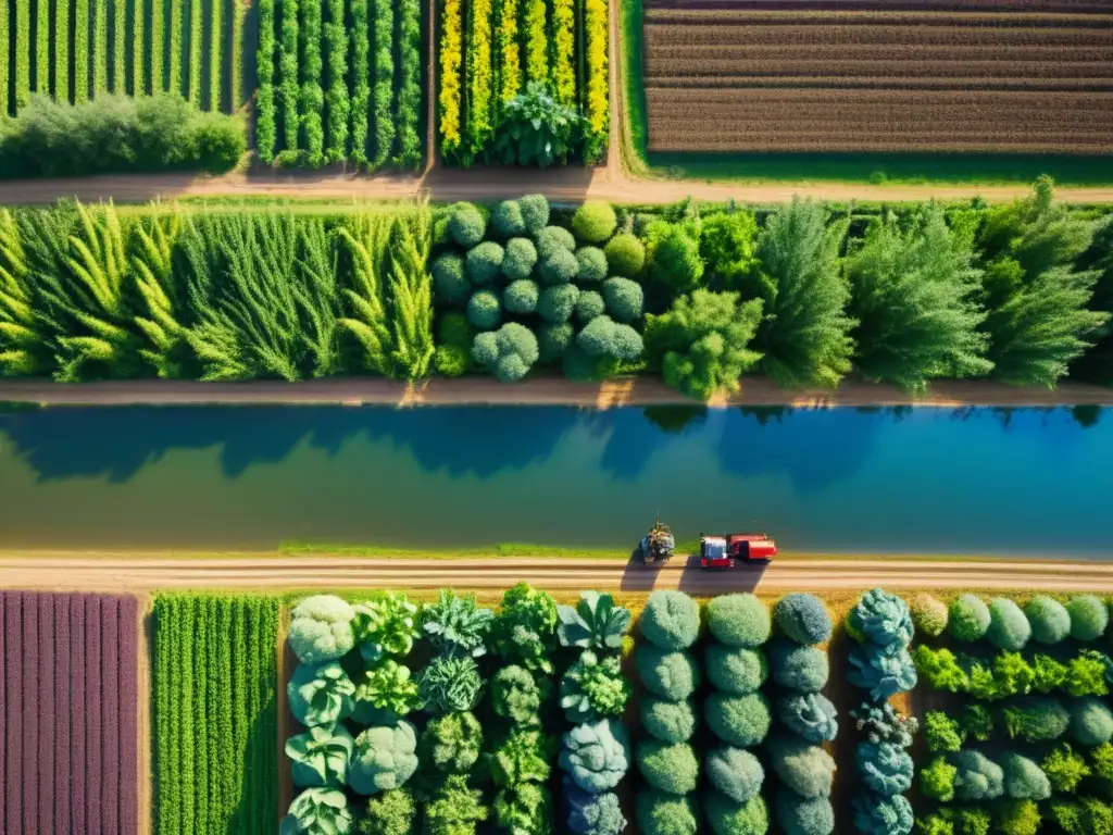 Un grupo de agricultores trabaja en una vibrante cosecha orgánica, mostrando la biodiversidad y certificaciones sostenibilidad industria alimentaria