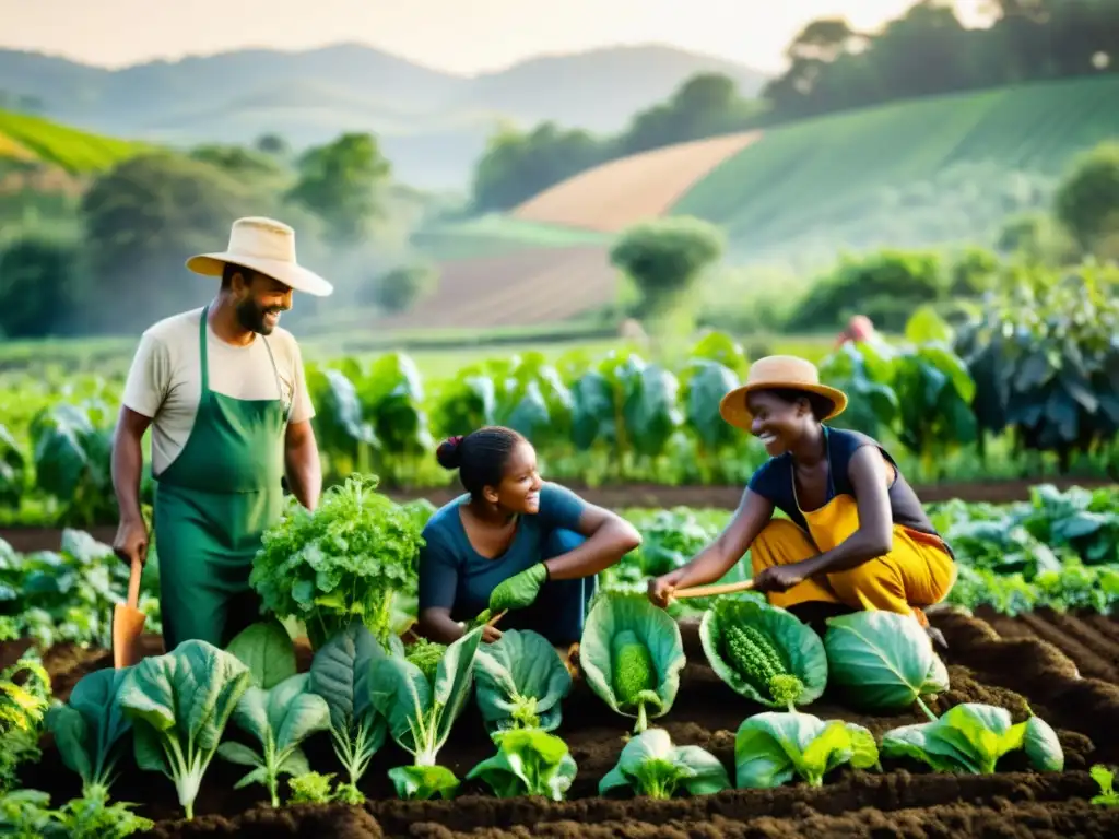 Grupo de agricultores en zona rural trabajando en proyectos ecológicos para cultivar un jardín vibrante y diverso