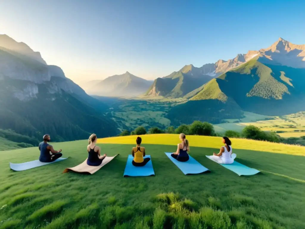 Un grupo practica yoga al aire libre en un prado verde, rodeado de montañas, bajo un cielo azul