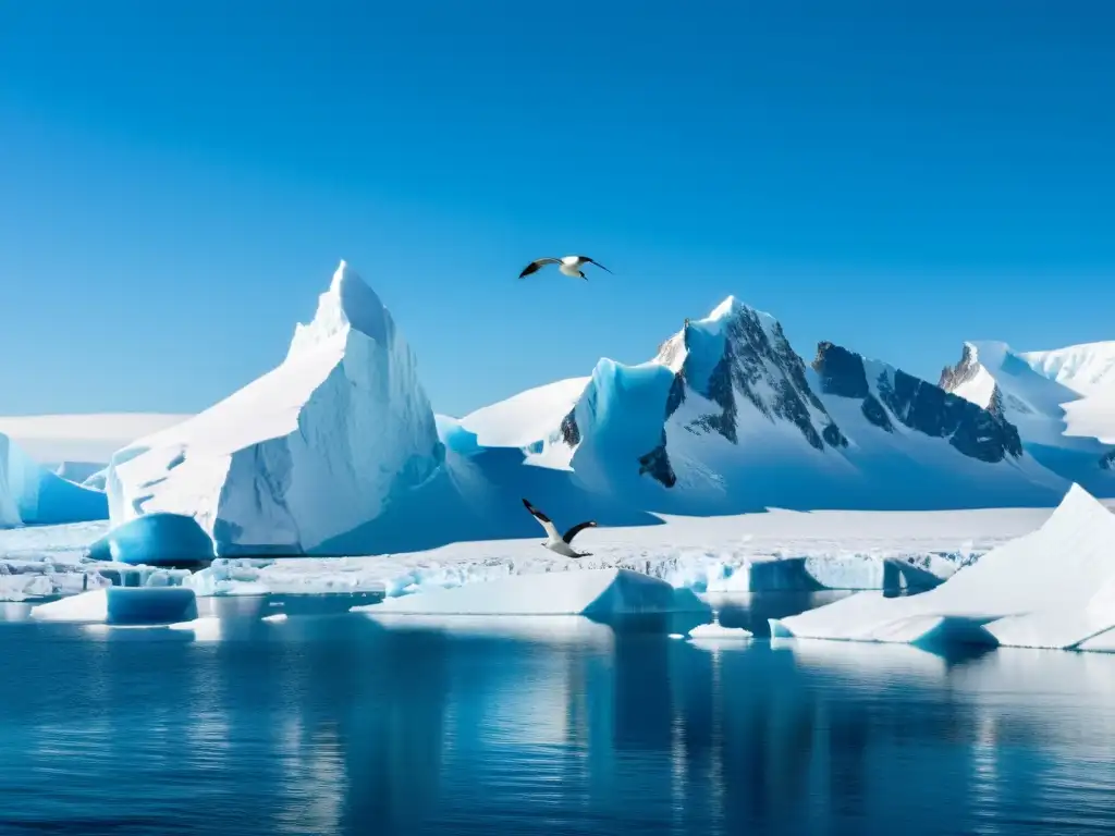 Grupo de albatros migratorios sobrevolando majestuoso paisaje de hielo en el ecosistema antártico