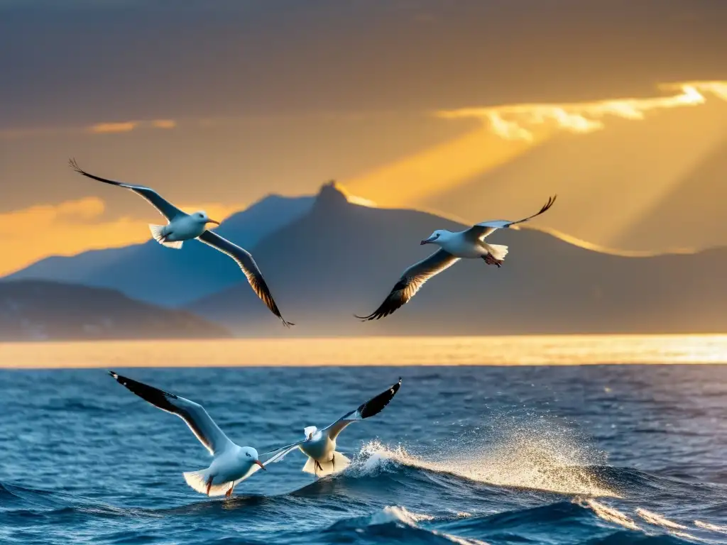 Grupo de albatros planeando sobre el océano al atardecer, mostrando sus intrincadas plumas