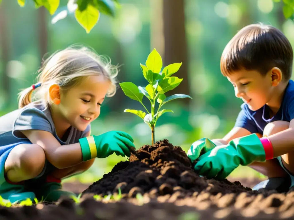 Un grupo de niños planta árboles con alegría en un bosque exuberante, creando una conexión armoniosa con la naturaleza