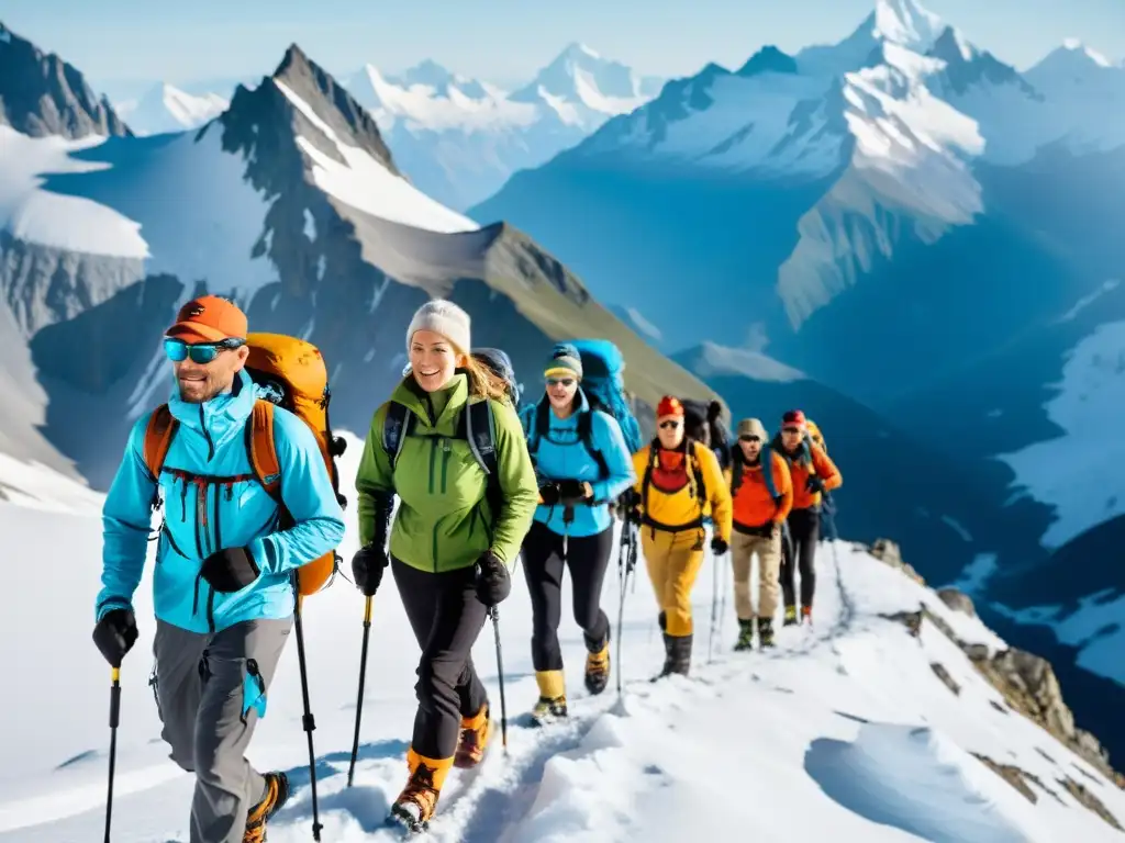 Grupo de alpinistas con dispositivos para monitorizar salud en ambientes extremos, explorando un paisaje montañoso cubierto de nieve