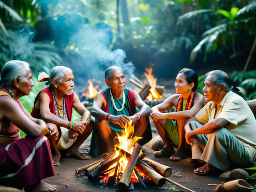 Un grupo de ancianos indígenas comparte su sabiduría alrededor de una fogata en la selva