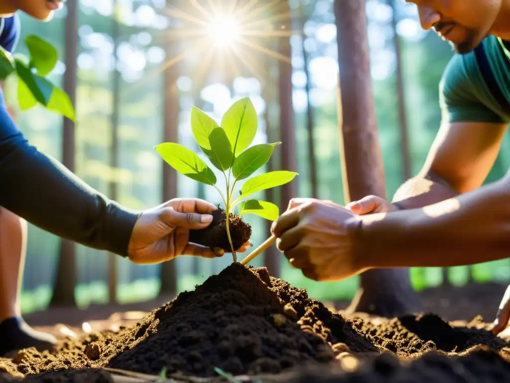 Un grupo de apasionados activistas ambientales plantando árboles en un exuberante bosque