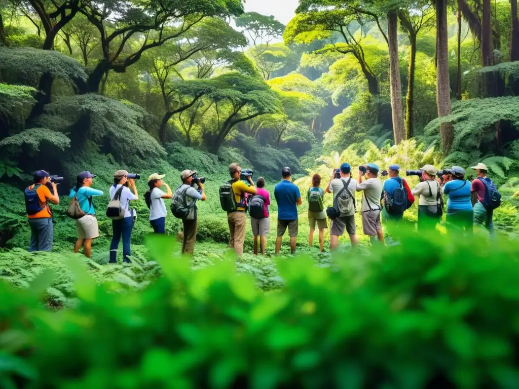 Un grupo de apasionados observadores de aves en un exuberante bosque, capturando la belleza de la avifauna en su hábitat natural