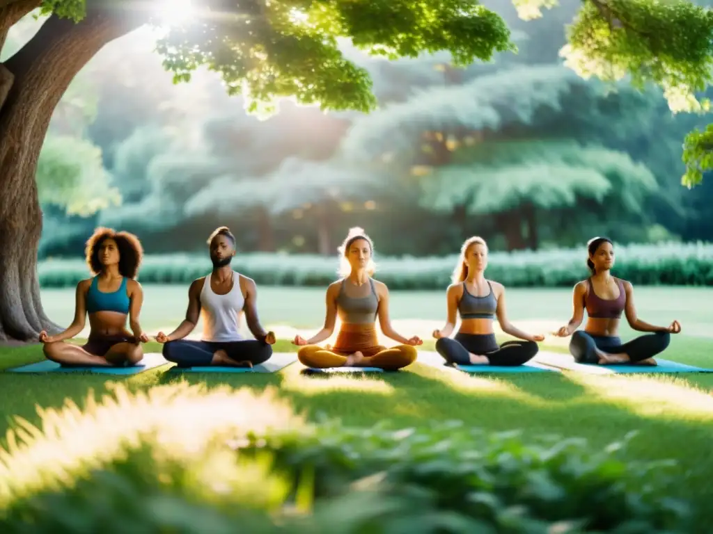 Grupo en armonía practicando yoga al aire libre, disfrutando de los beneficios del entorno natural y la serenidad en su práctica