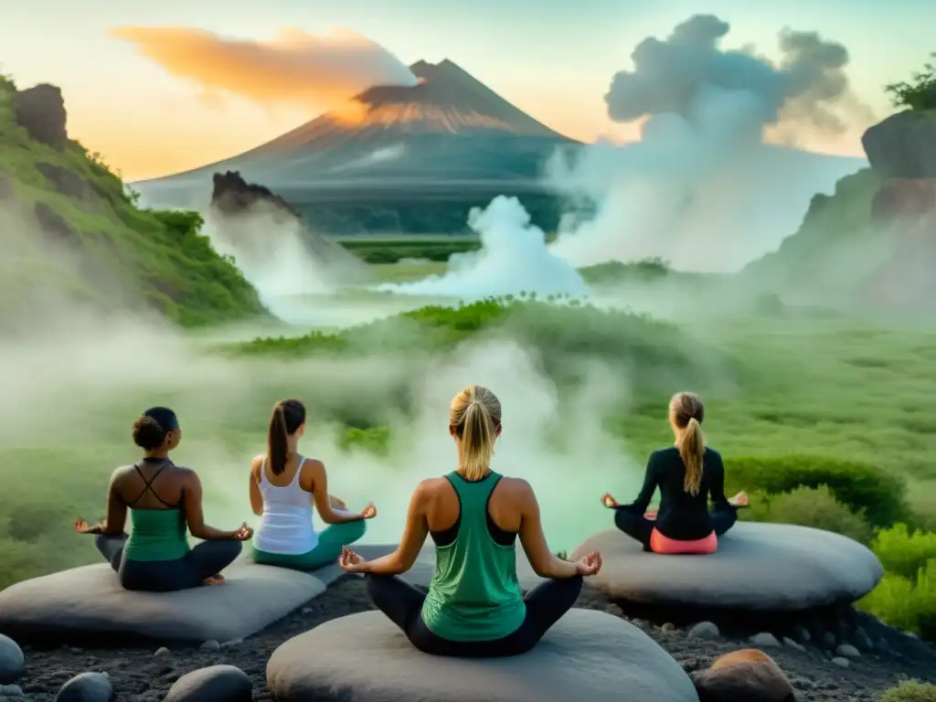 Grupo en armonía practicando yoga y meditación en ecosistemas volcánicos, rodeados de naturaleza prístina y energías ancestrales