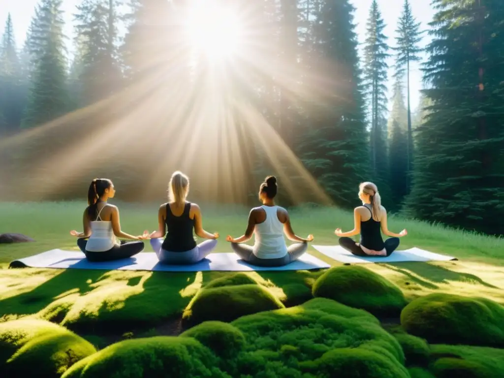 Grupo en armonía practicando yoga en un bosque boreal, fusionando serenidad humana y naturaleza salvaje