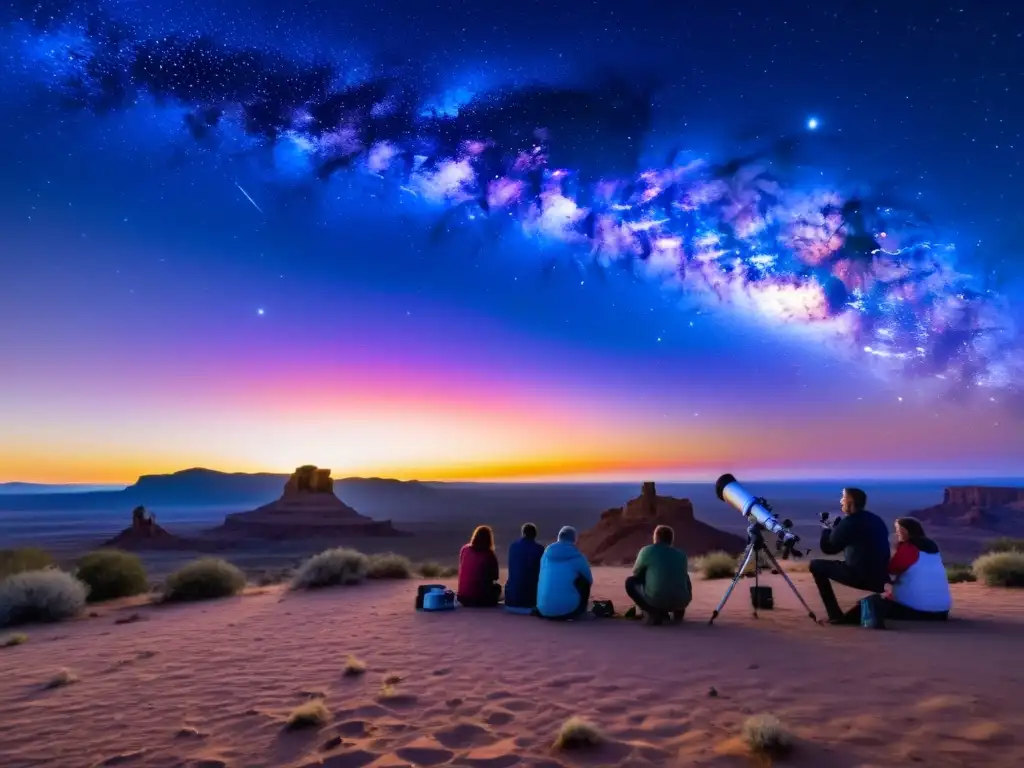 Grupo de astrónomos aficionados ajustando telescopios en el desierto al atardecer, observando estrellas