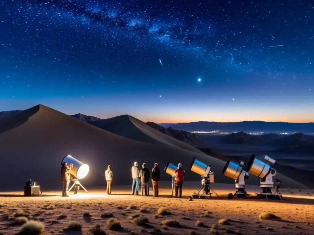 Un grupo de astrónomos aficionados monta telescopios en el desierto bajo un cielo estrellado, generando un ambiente de asombro y descubrimiento