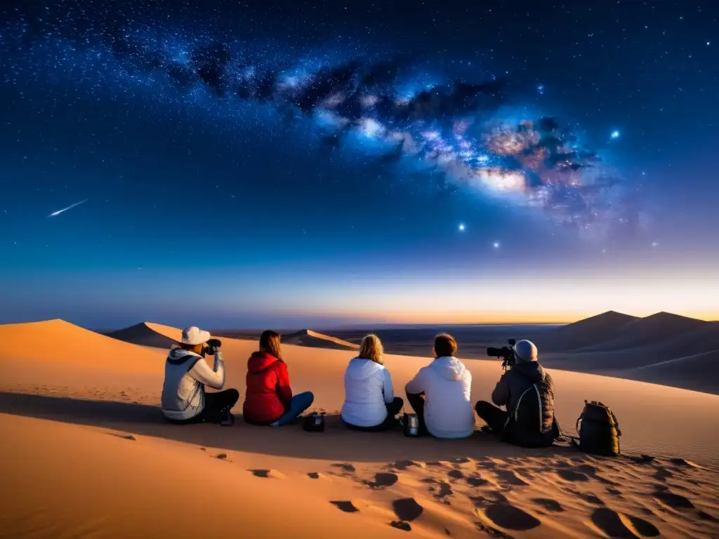 Un grupo de astrónomos aficionados observa estrellas con telescopios en un desierto, rodeados de dunas y un cielo nocturno lleno de estrellas