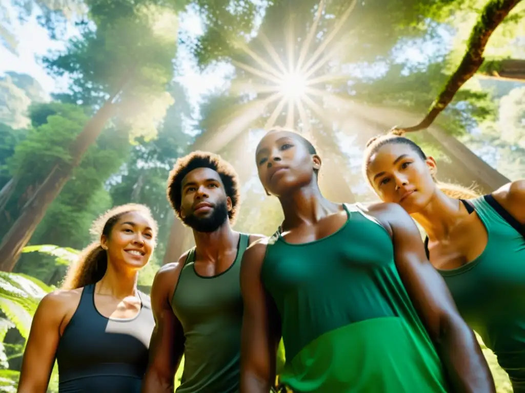 Atletas eco-friendly en el bosque Un grupo de atletas promueven activismo ecológico en un bosque exuberante, sosteniendo productos ecofriendly, en armonía con la naturaleza